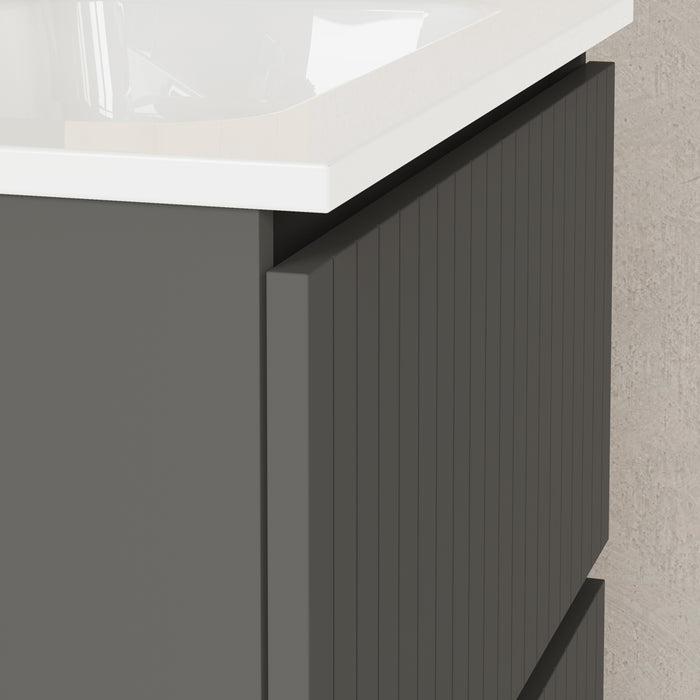 Banyetti Linea Matt Grey Fluted Double Drawer Wall Hung Vanity Unit Including Basin 600mm x 460mm