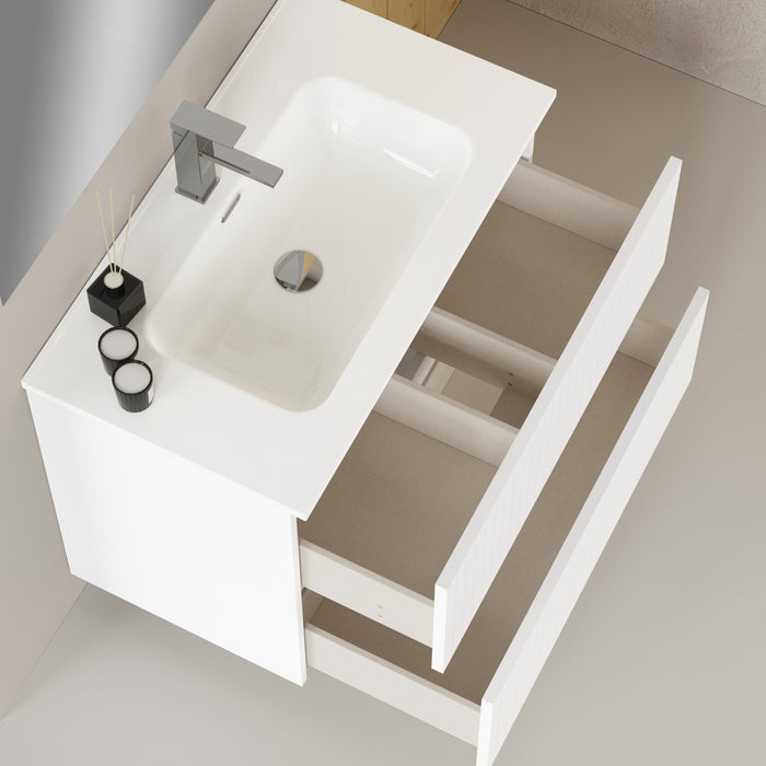 Banyetti Linea Matt White Fluted Double Drawer Wall Hung Vanity Unit Including Basin 800mm x 460mm