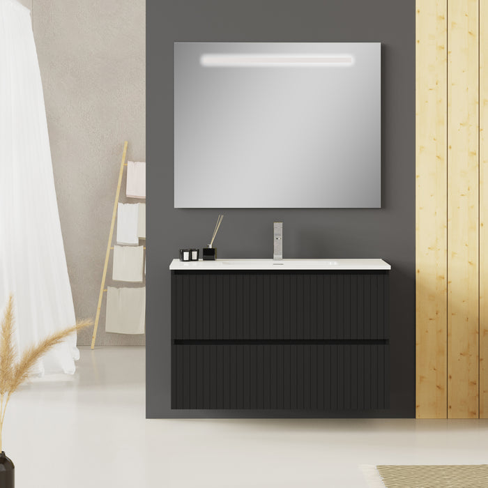 Banyetti Linea Matt Black Fluted Double Drawer Wall Hung Vanity Unit Including Basin 1000mm x 390mm