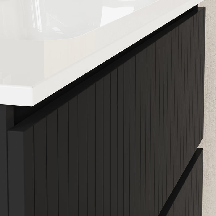 Banyetti Linea Matt Black Fluted Double Drawer Wall Hung Vanity Unit Including Basin 1000mm x 390mm