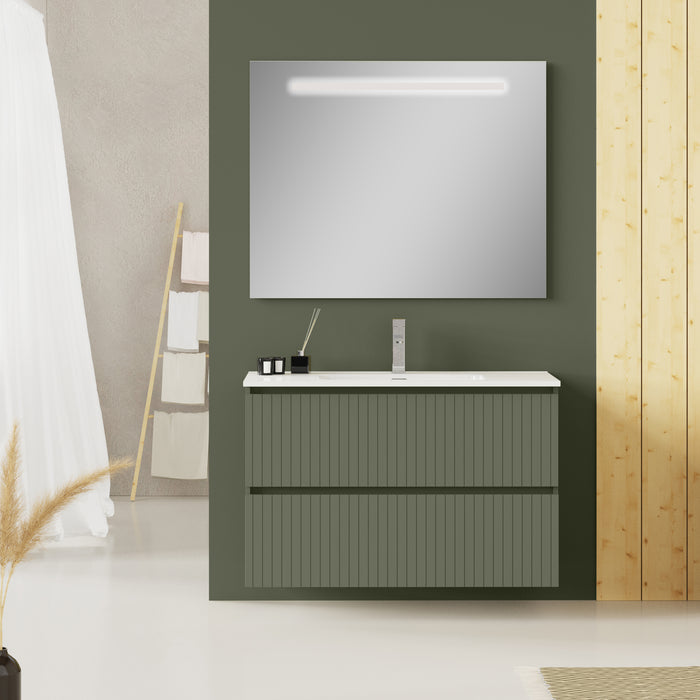 Banyetti Linea Muscat Sage Fluted Double Drawer Wall Hung Vanity Unit Including Basin 1000mm x 390mm