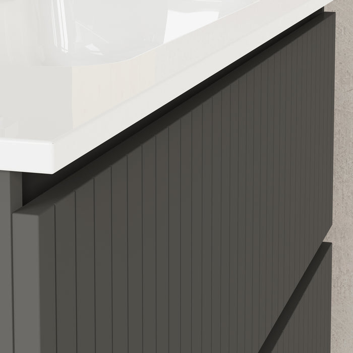 Banyetti Linea Matt Grey Fluted Double Drawer Wall Hung Vanity Unit Including Basin 1000mm x 390mm