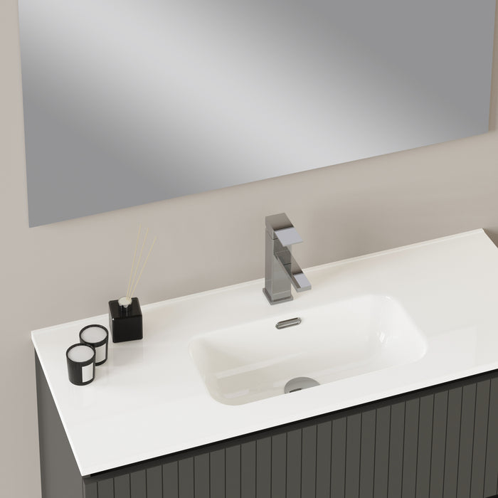 Banyetti Linea Matt Grey Fluted Double Drawer Wall Hung Vanity Unit Including Basin 1000mm x 390mm