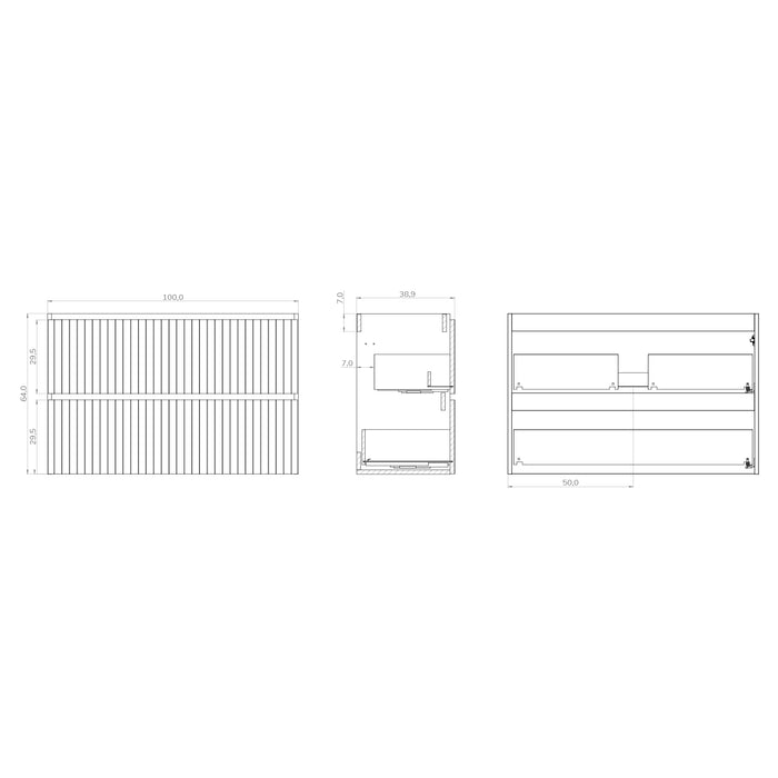 Banyetti Linea Matt Grey Fluted Double Drawer Wall Hung Vanity Unit Including Basin 1000mm x 390mm