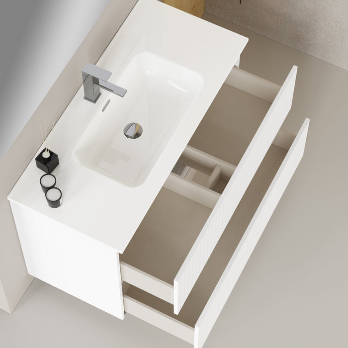 Banyetti Linea Matt White Fluted Double Drawer Wall Hung Vanity Unit Including Basin 1000mm x 390mm