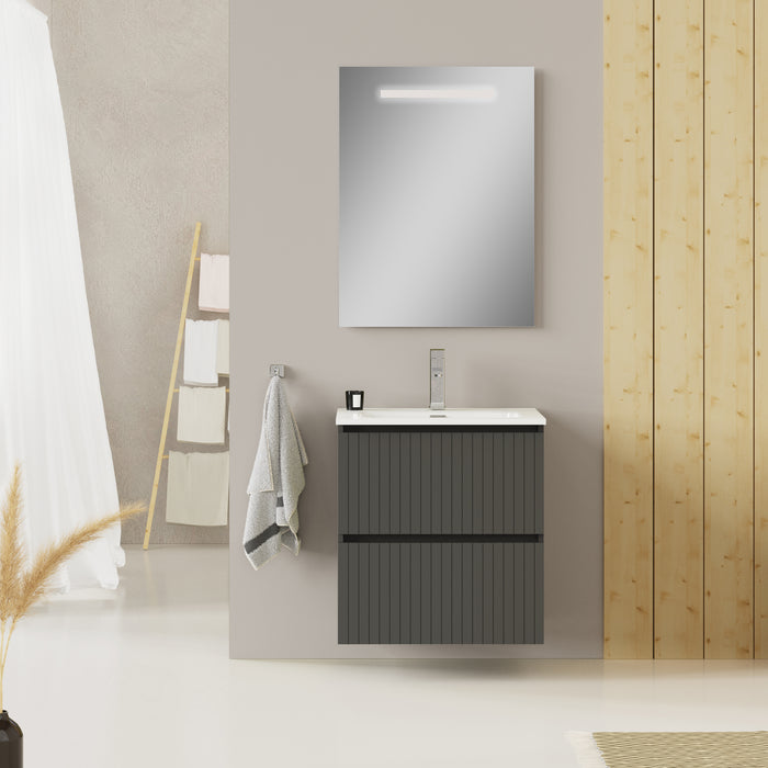 Banyetti Linea Matt Grey Fluted Double Drawer Wall Hung Vanity Unit Including Basin 600mm x 390mm