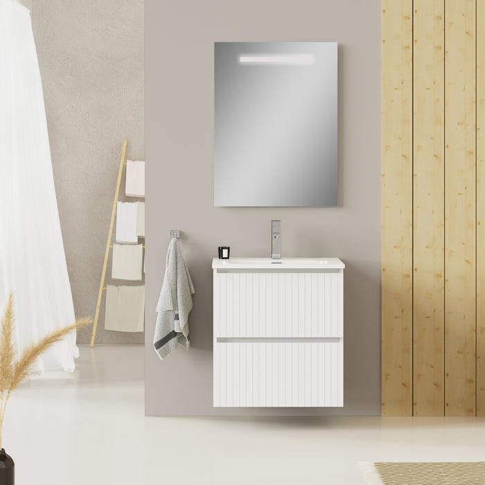 Banyetti Linea Matt White Fluted Double Drawer Wall Hung Vanity Unit Including Basin 600mm x 390mm