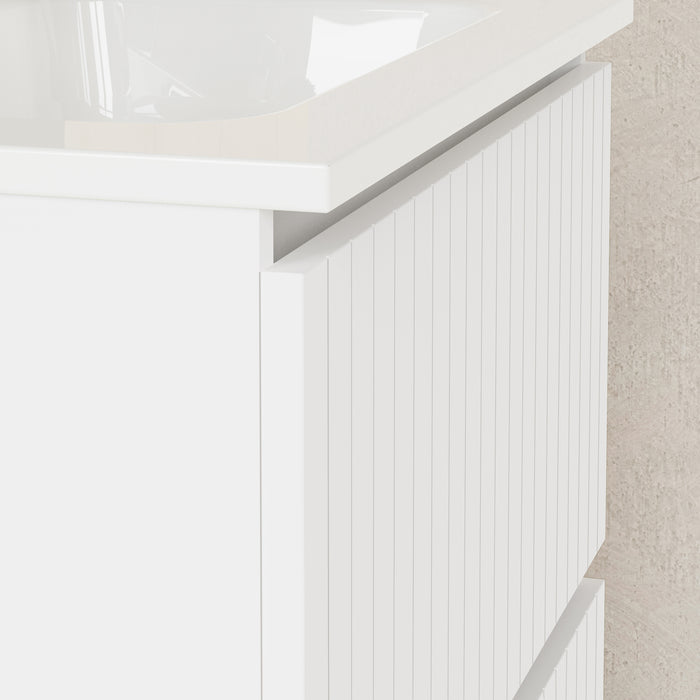 Banyetti Linea Matt White Fluted Double Drawer Wall Hung Vanity Unit Including Basin 600mm x 390mm