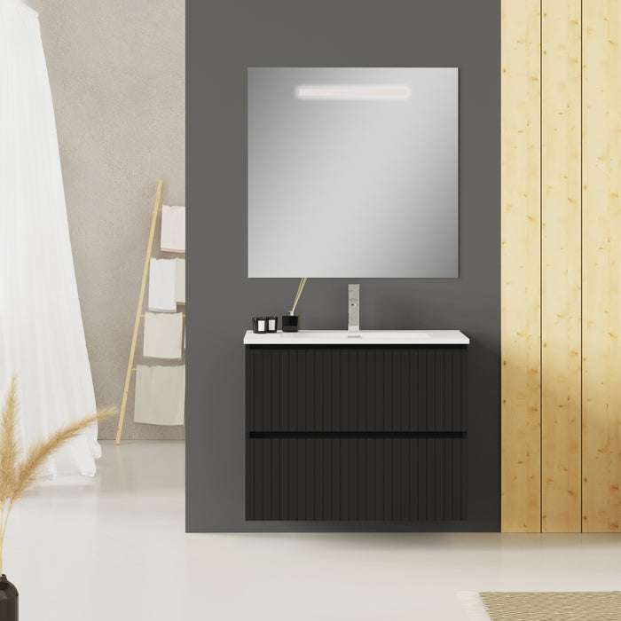 Banyetti Linea Matt Black Fluted Double Drawer Wall Hung Vanity Unit Including Basin 800mm x 390mm