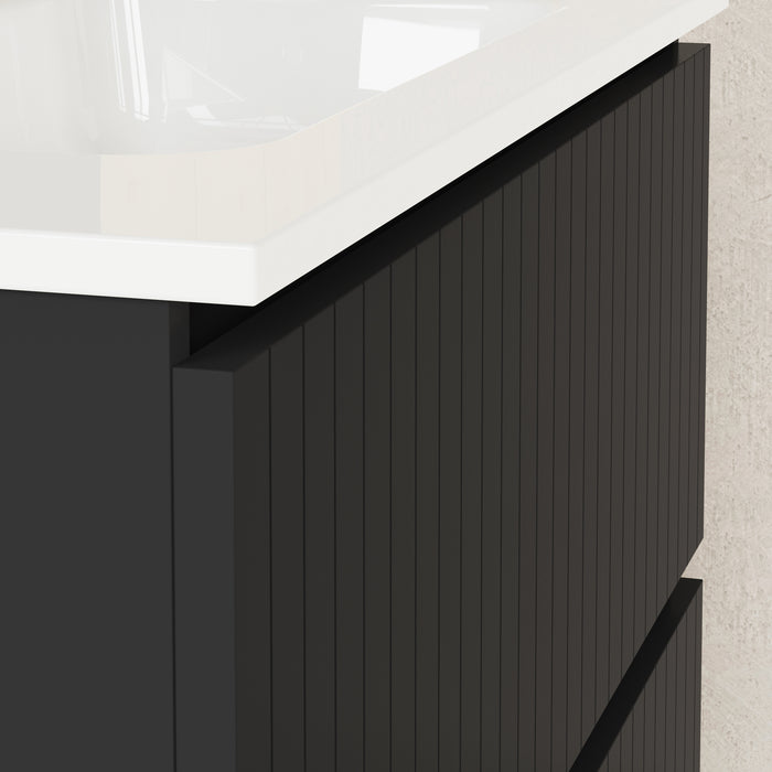 Banyetti Linea Matt Black Fluted Double Drawer Wall Hung Vanity Unit Including Basin 800mm x 390mm