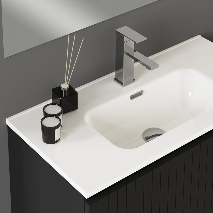 Banyetti Linea Matt Black Fluted Double Drawer Wall Hung Vanity Unit Including Basin 800mm x 390mm