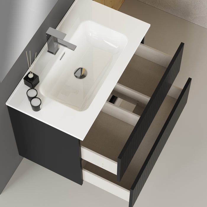 Banyetti Linea Matt Black Fluted Double Drawer Wall Hung Vanity Unit Including Basin 800mm x 390mm