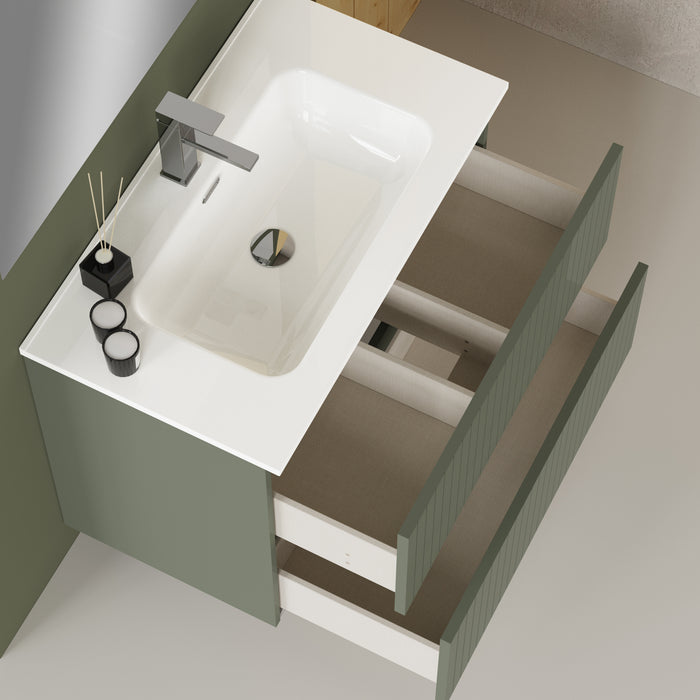 Banyetti Linea Muscat Sage Fluted Double Drawer Wall Hung Vanity Unit Including Basin 800mm x 390mm