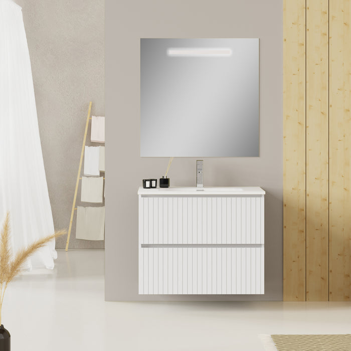 Banyetti Linea Matt White Fluted Double Drawer Wall Hung Vanity Unit Including Basin 800mm x 390mm