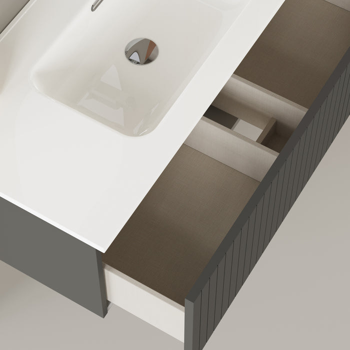 Banyetti Linea Matt Grey Fluted Wall Hung Vanity Unit Including Basin 1000mm x 390mm