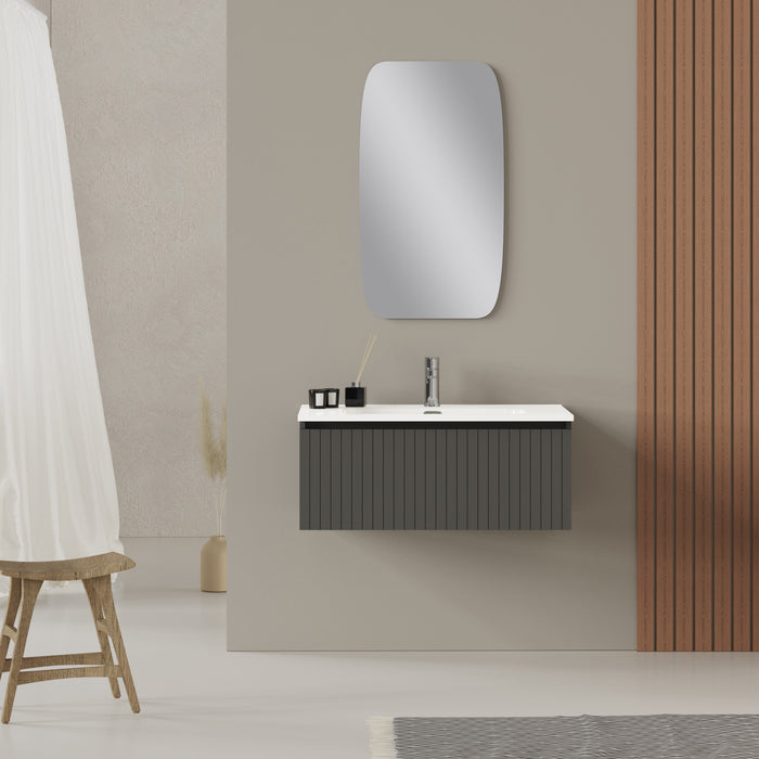 Banyetti Linea Matt Grey Fluted Wall Hung Vanity Unit Including Basin 800mm x 390mm