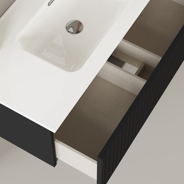 Banyetti Linea Matt Black Fluted Wall Hung Vanity Unit Including Basin 1000mm x 390mm