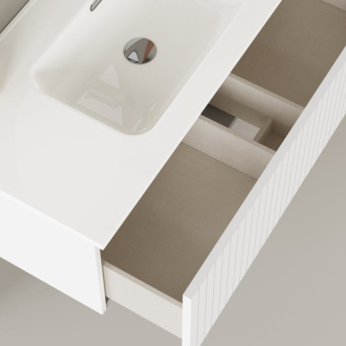 Banyetti Linea Matt White Fluted Wall Hung Vanity Unit Including Basin 1000mm x 390mm