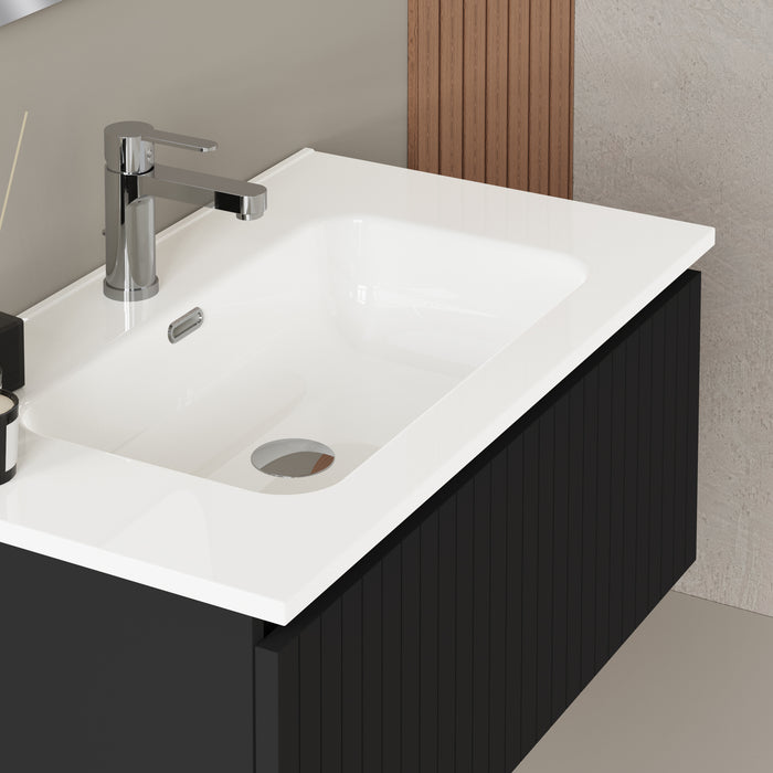 Banyetti Linea Matt Black Fluted Wall Hung Vanity Unit Including Basin 800mm x 390mm