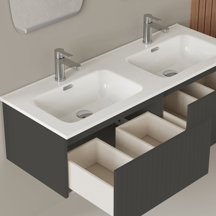 Banyetti Linea Matt Grey Fluted Wall Hung Vanity Unit Including Double Basin 1200mm x 460mm