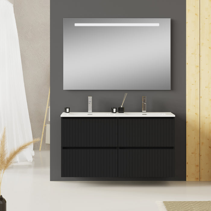 Banyetti Linea Matt Black Fluted Double Drawer Wall Hung Vanity Unit Including Double Basin 1200mm x 460mm