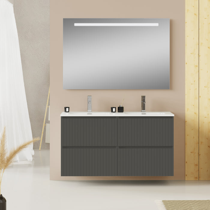 Banyetti Linea Matt Grey Fluted Double Drawer Wall Hung Vanity Unit Including Double Basin 1200mm x 460mm