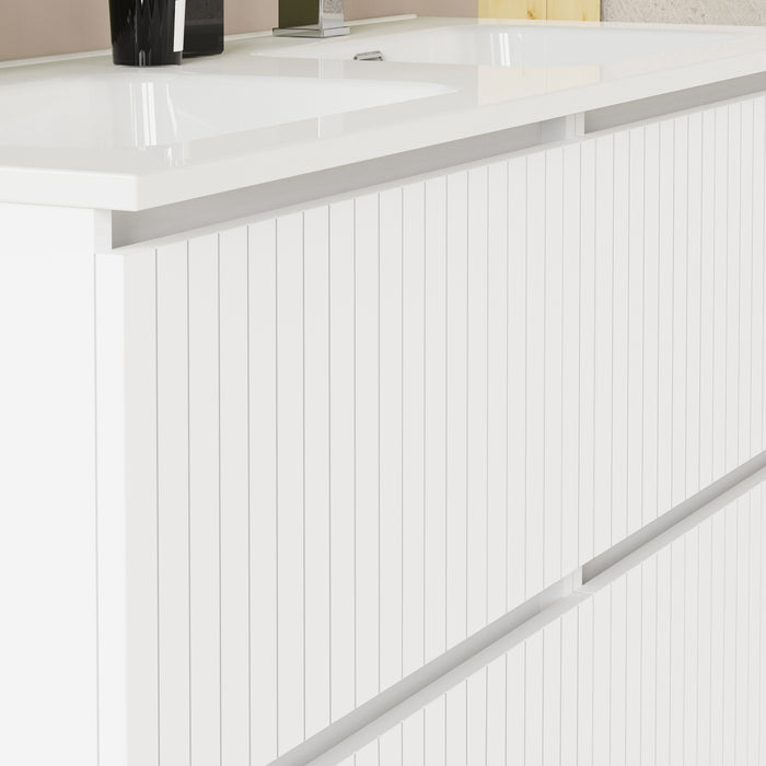 Banyetti Linea Matt White Fluted Double Drawer Wall Hung Vanity Unit Including Double Basin 1200mm x 460mm