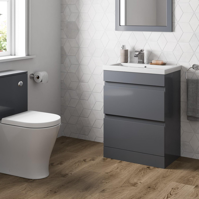 Ambience 600mm 2 Drawer Vanity Unit + Basin - Grey Gloss