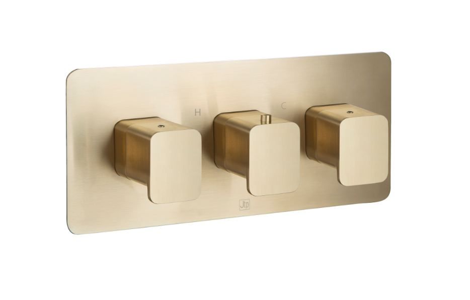 JTP HIX Brushed Brass Horizontal Thermostatic Concealed 2 Outlet Shower Valve