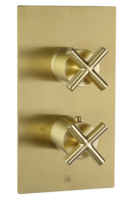 JTP Solex Brushed Brass Vertical Thermostatic Concealed 2 Outlet Shower Valve