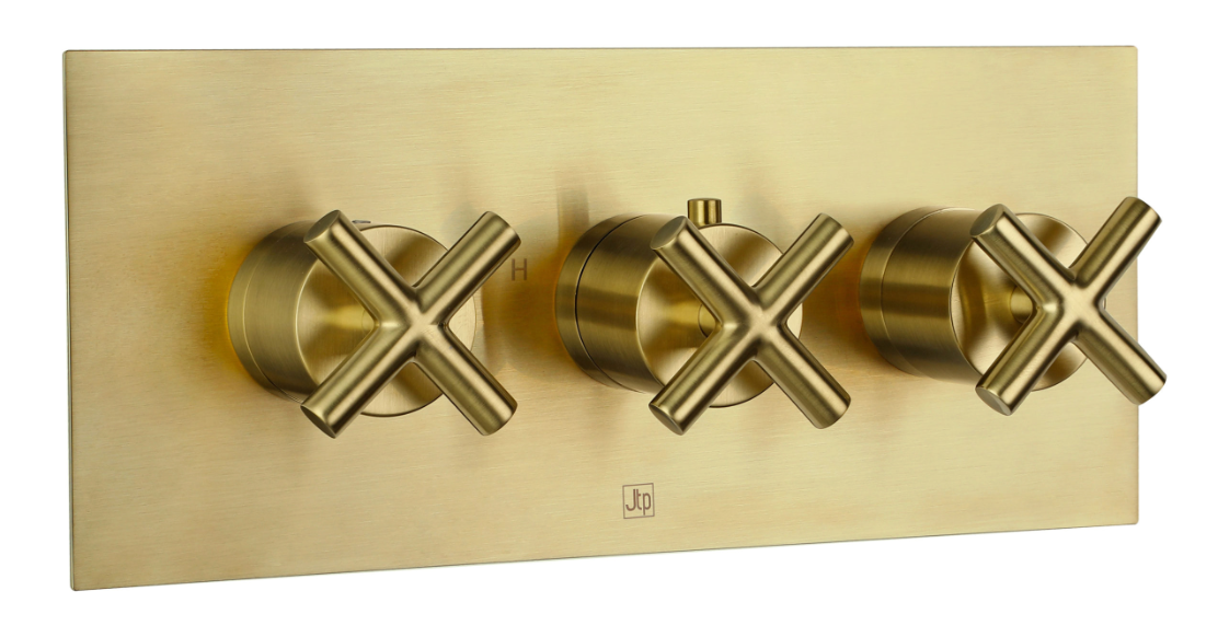 JTP Solex Brushed Brass Horizontal Thermostatic Concealed 2 Outlet Shower Valve