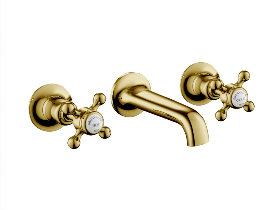 JTP Grosvenor Cross Antique Brass Edition Cross 3 Hole Basin Mixer Wall Mounted