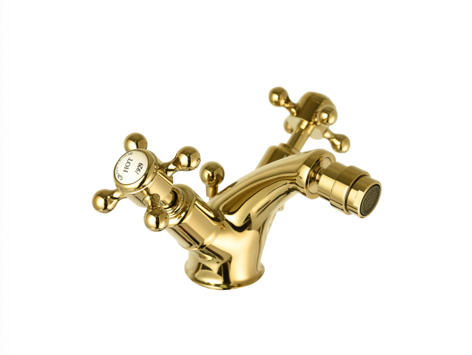 JTP Grosvenor Cross Antique Brass Edition Bidet Mixer with Pop Up Waste