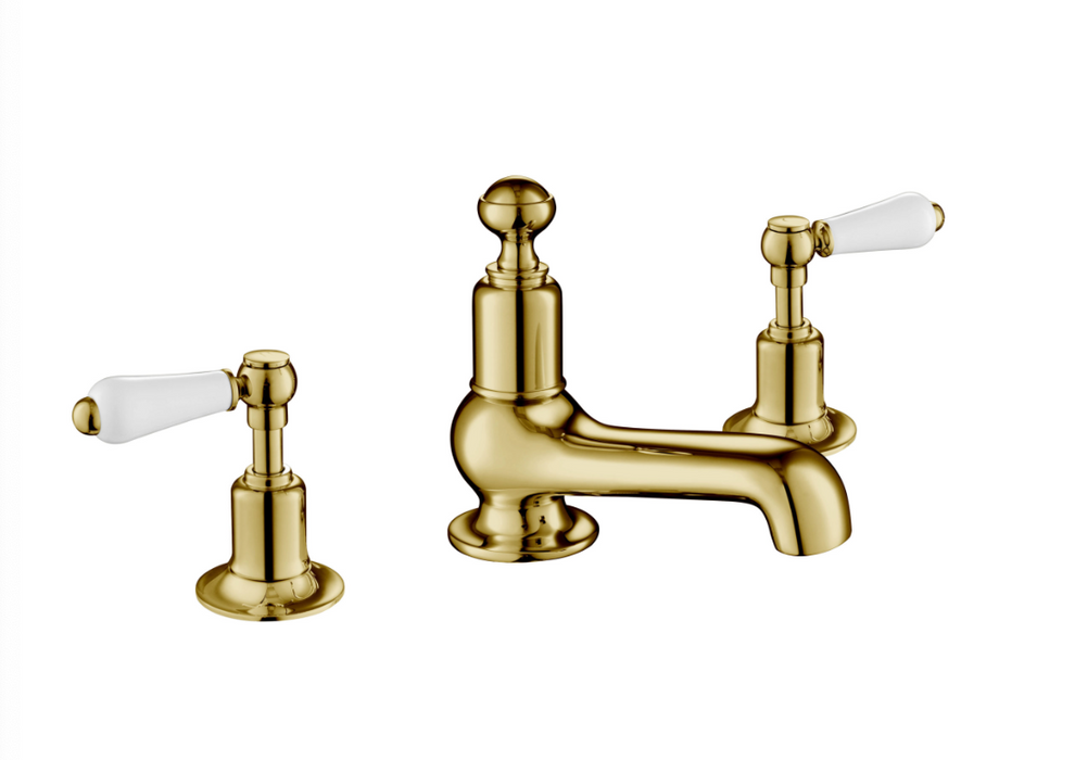 JTP Grosvenor Pinch Antique Brass Edition Deck Mounted 3 Hole Basin Mixer