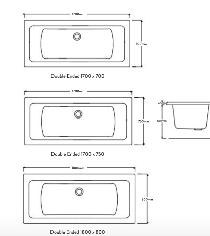 Square Double Ended Acrylic Bath 1700 x 750mm