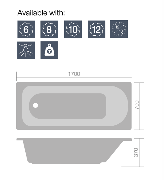 Caymen Single Ended Tungstenite Acrylic Bath - Select Size