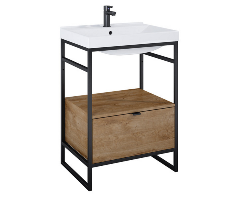 Indus Rustic Oak 600 Freestanding Vanity Frame with Shelf and Basin